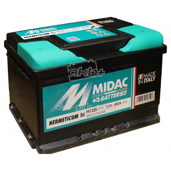 Аккумулятор 6СТ-72 MIDAC HERMETICUM 12V, 72Ah (-/+) низкий евро, Мидак Герметикум, 12В, 72Ач, EN680А - купить